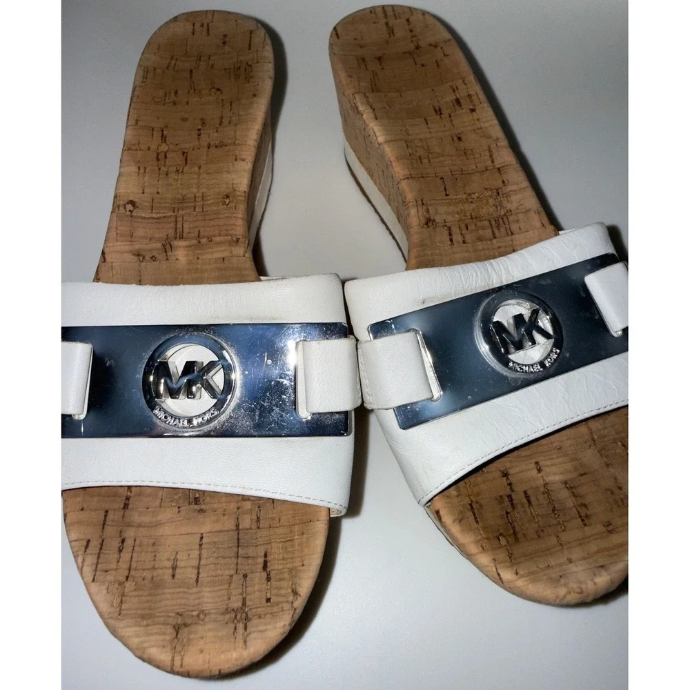Michael Kors White Leather Cork Wedge Platform Sandals MK Logo Slides size 6